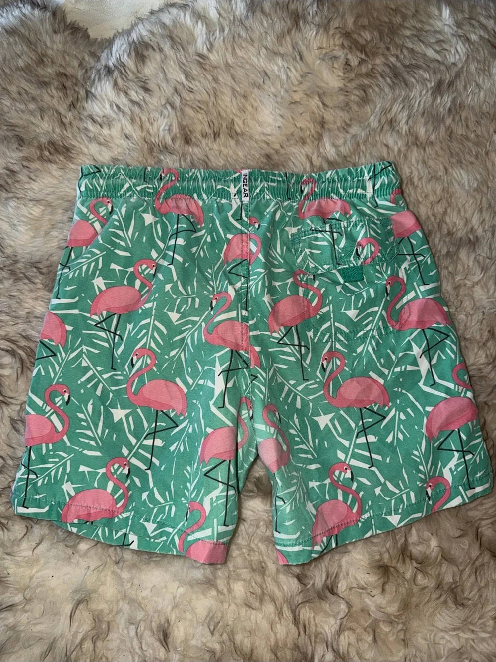 Ingear surfer Kids Mint Green Flamingo tropical Swim Trunks boardshorts 12/14